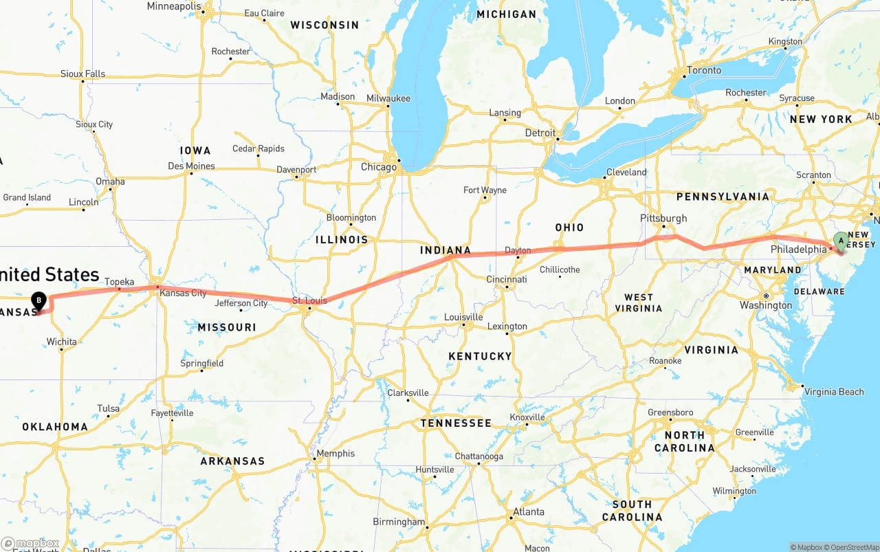 Shipping route from New Jersey to Kansas