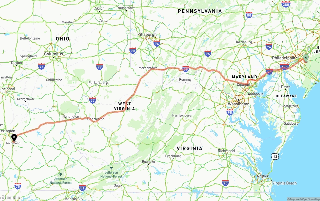 Shipping route from New Jersey to Kentucky