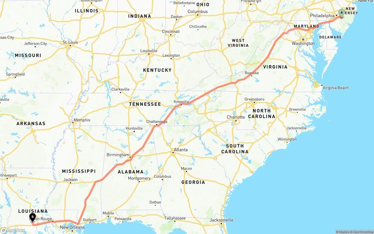 Shipping route from New Jersey to Louisiana
