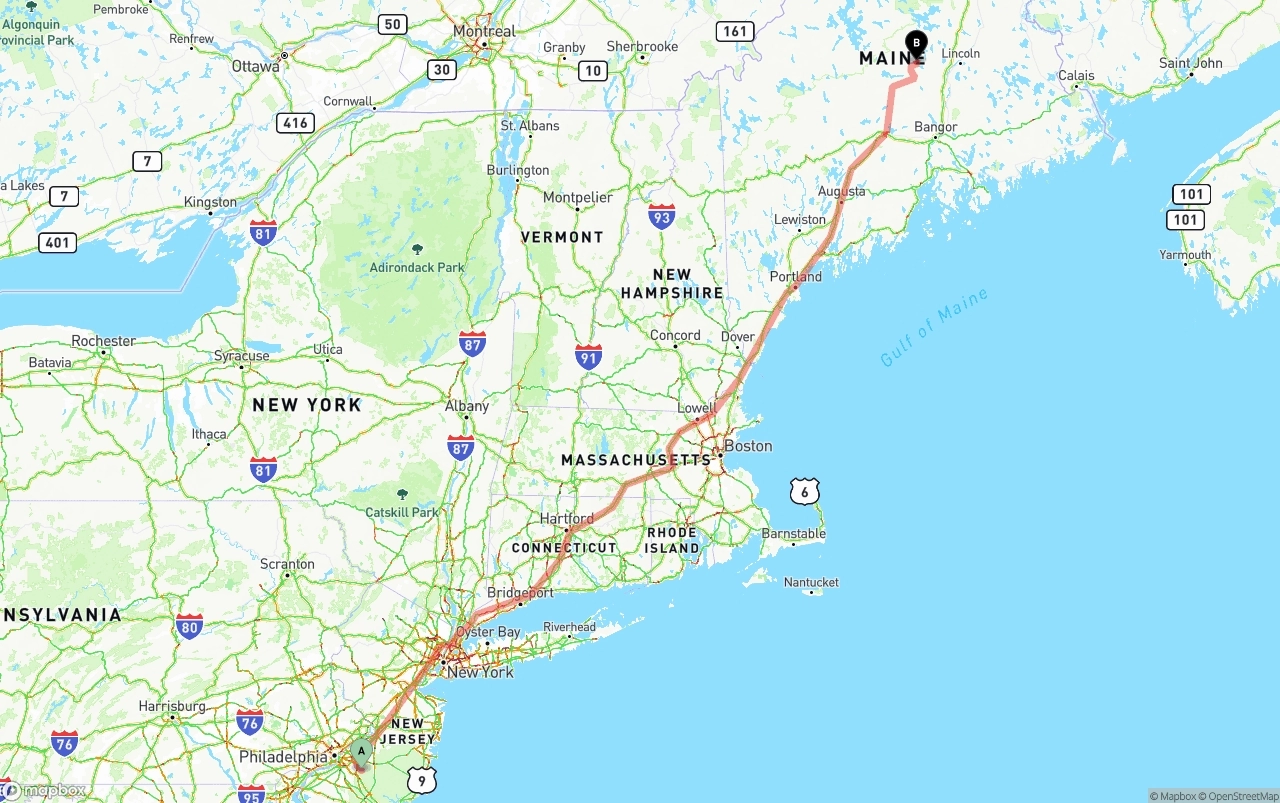 Shipping route from New Jersey to Maine