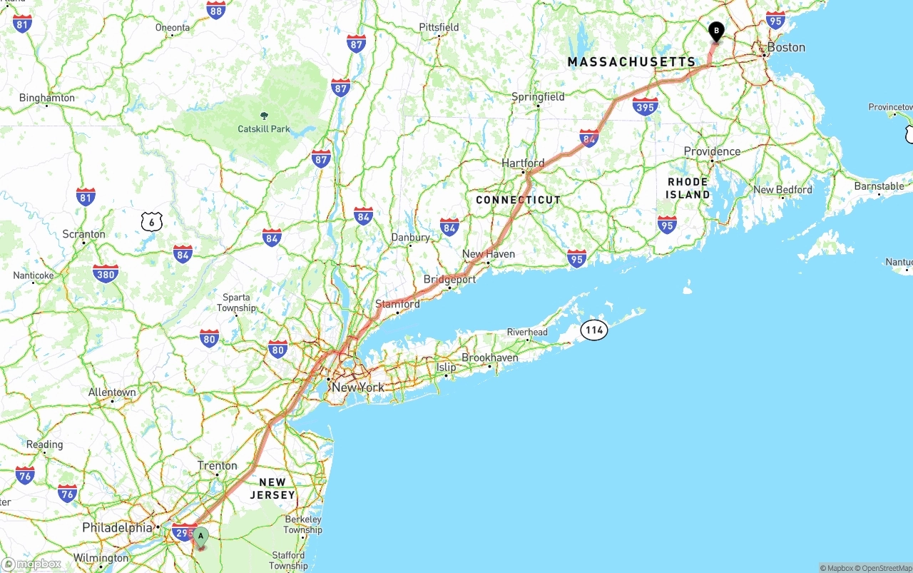 Shipping route from New Jersey to Massachusetts