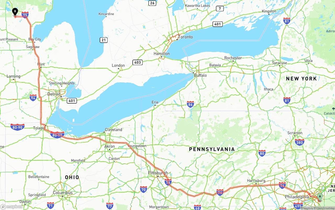 Shipping route from New Jersey to Michigan