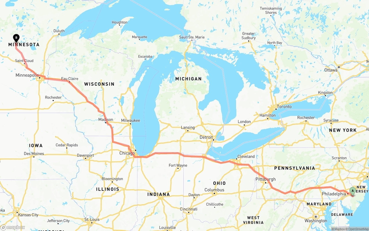 Shipping route from New Jersey to Minnesota
