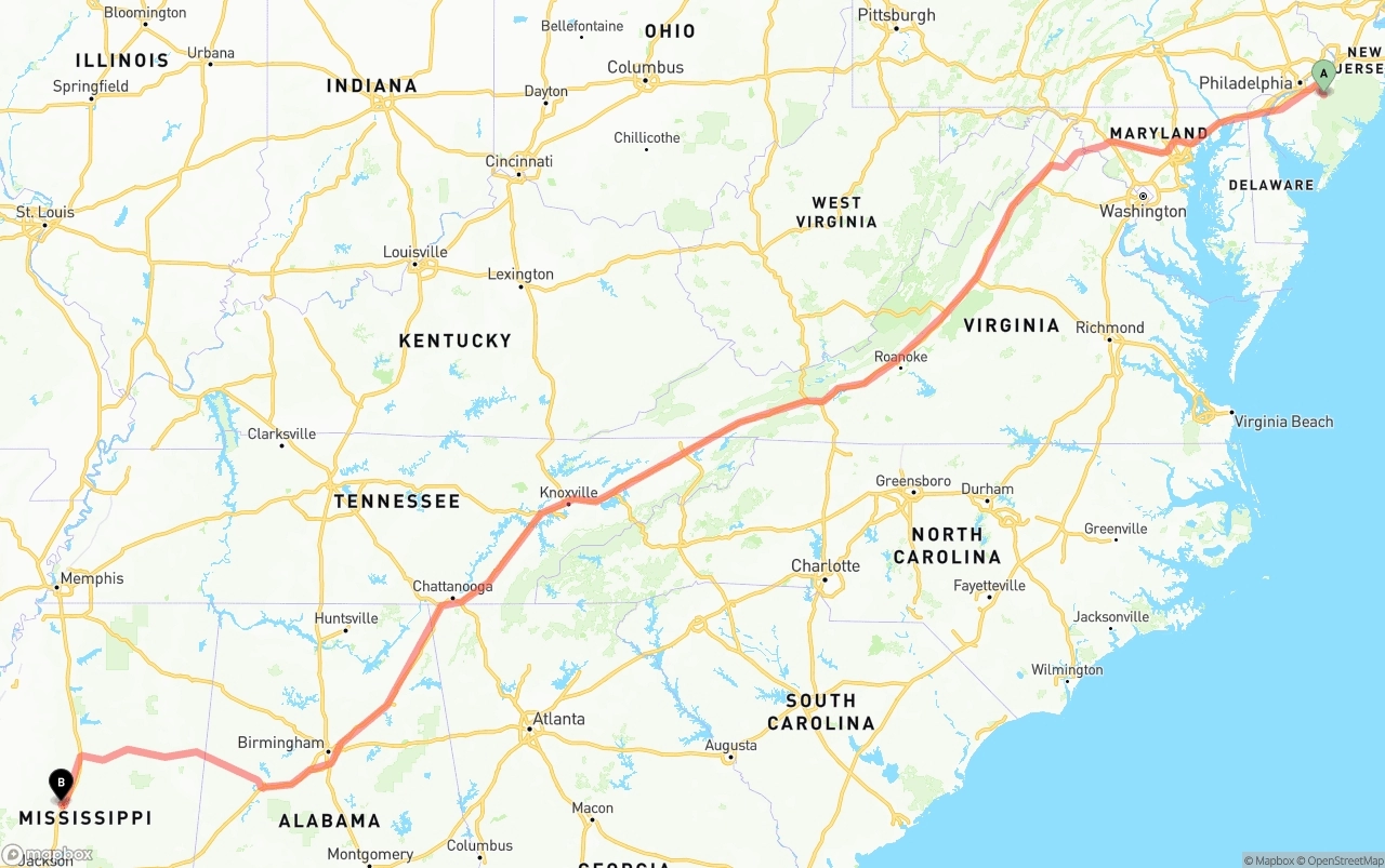 Shipping route from New Jersey to Mississippi