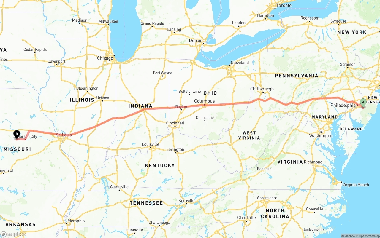 Shipping route from New Jersey to Missouri