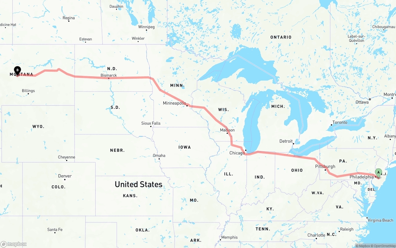 Shipping route from New Jersey to Montana