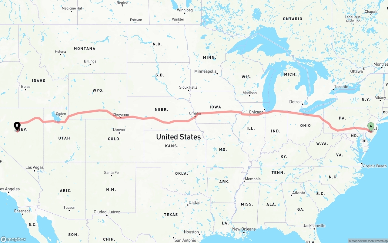 Shipping route from New Jersey to Nevada