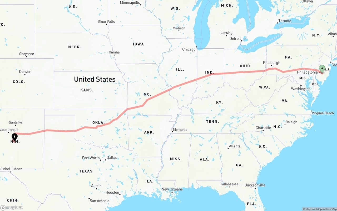Shipping route from New Jersey to New Mexico