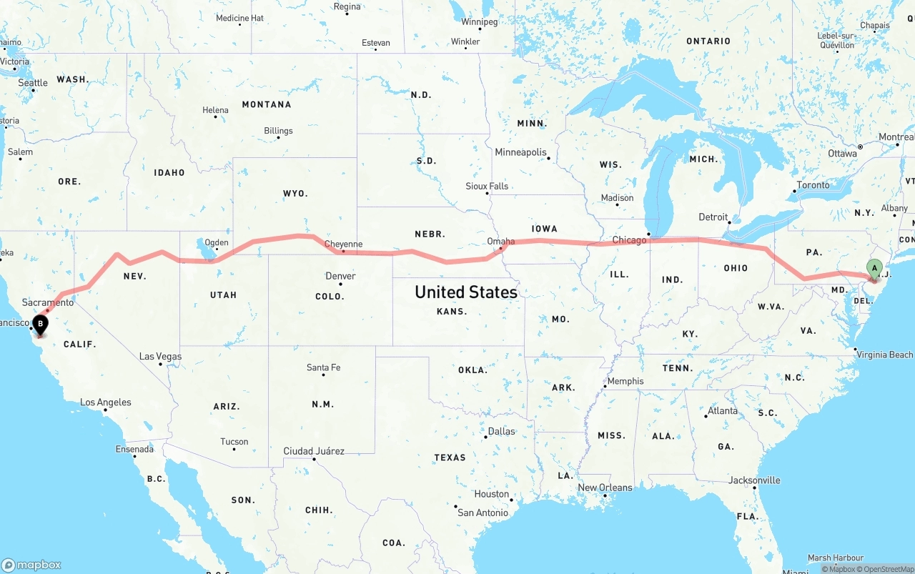 Shipping route from New Jersey to Norman Y. Mineta San Jose International Airport