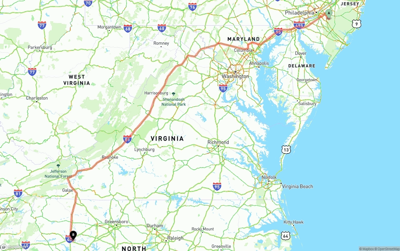 Shipping route from New Jersey to North Carolina