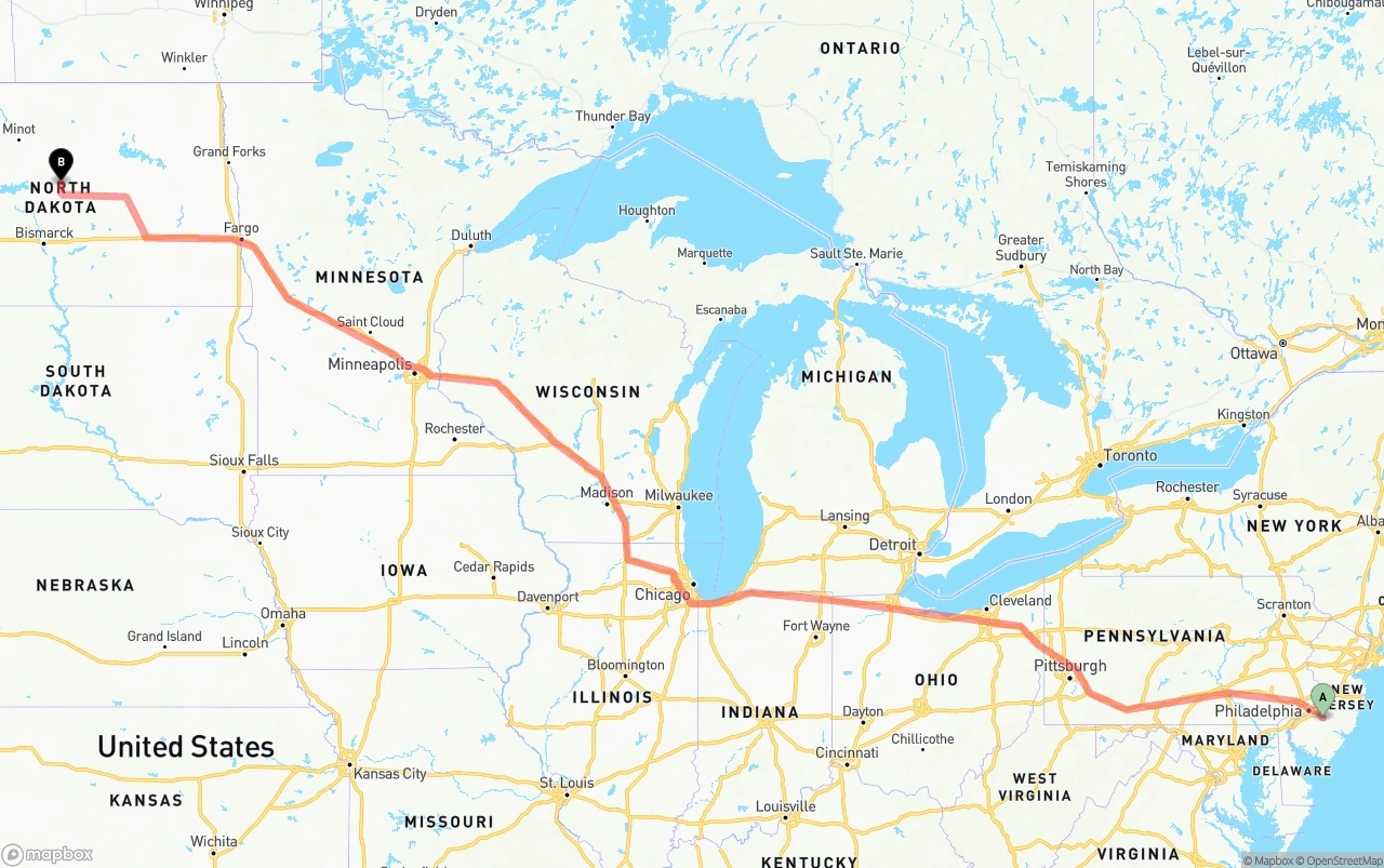 Shipping route from New Jersey to North Dakota