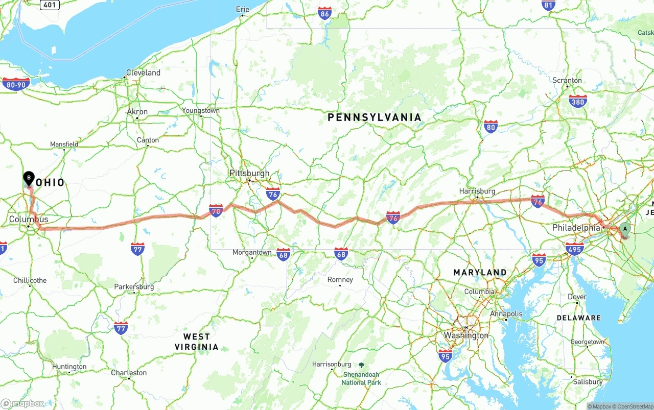 Shipping route from New Jersey to Ohio