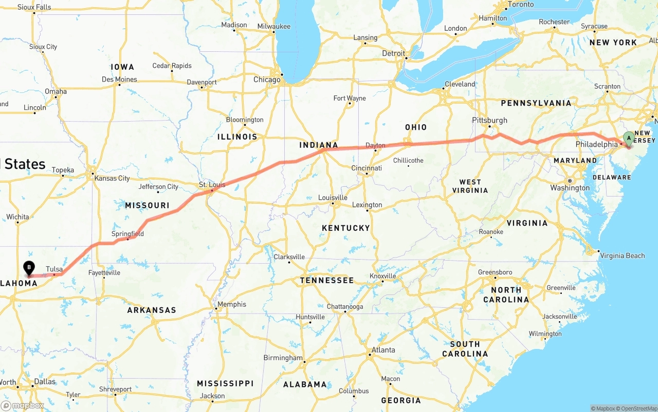 Shipping route from New Jersey to Oklahoma