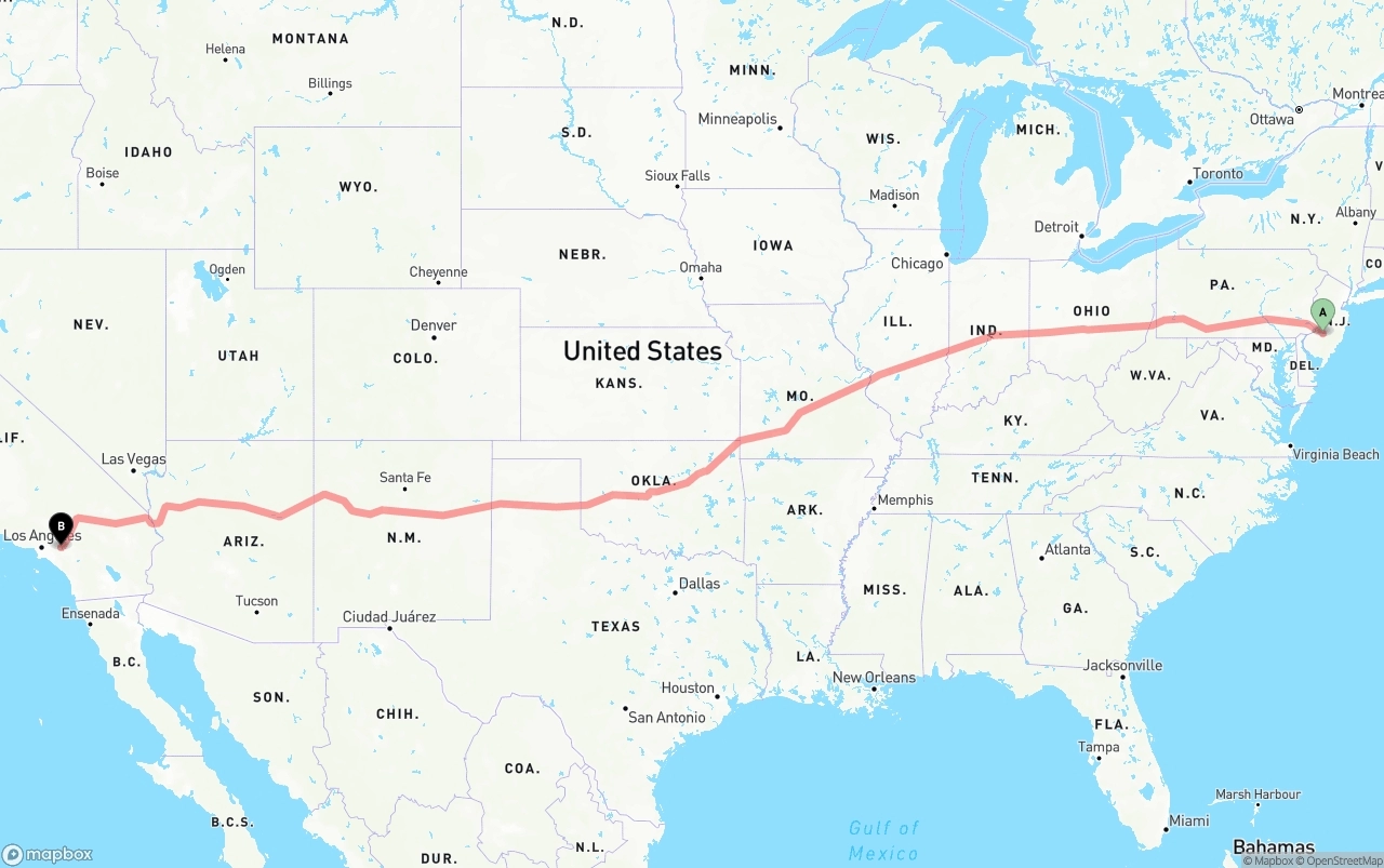 Shipping route from New Jersey to Ontario International Airport