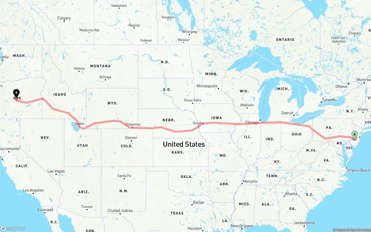 Shipping route from New Jersey to Oregon