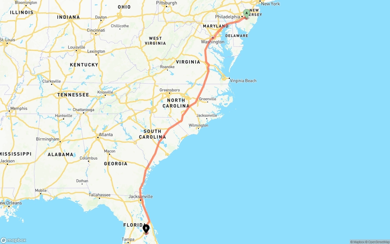Shipping route from New Jersey to Orlando International Airport