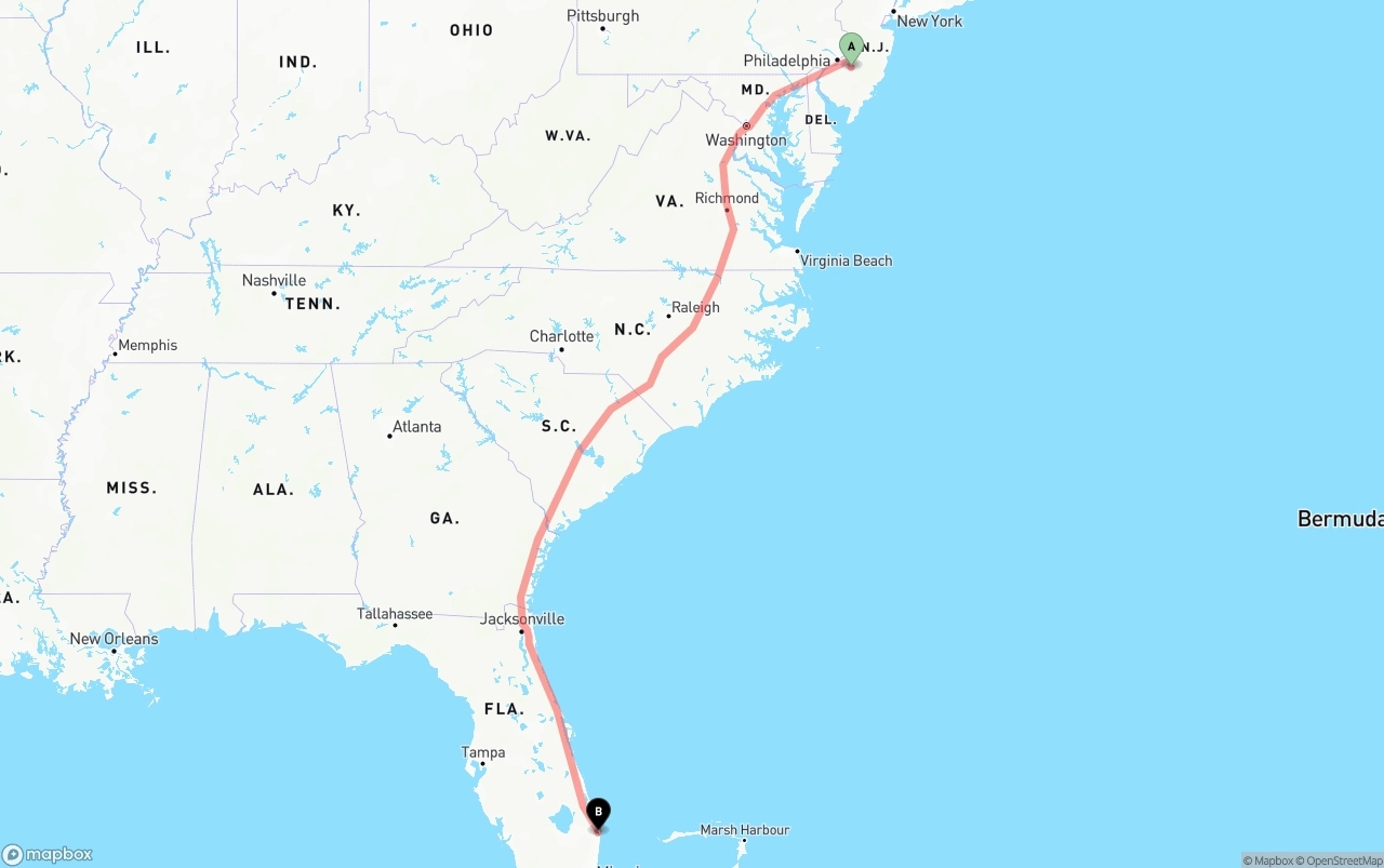 Shipping route from New Jersey to Palm Beach International Airport