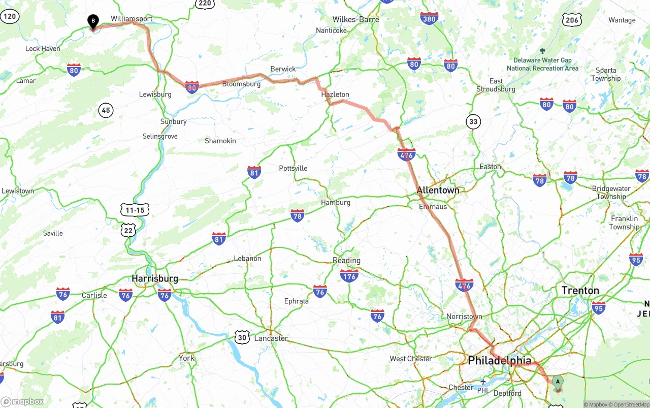 Shipping route from New Jersey to Pennsylvania