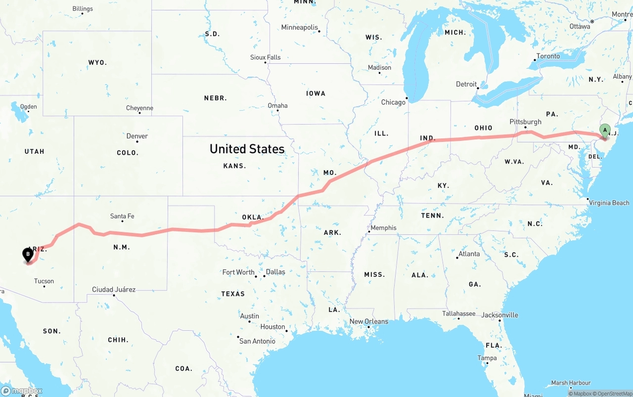 Shipping route from New Jersey to Phoenix Sky Harbor International Airport