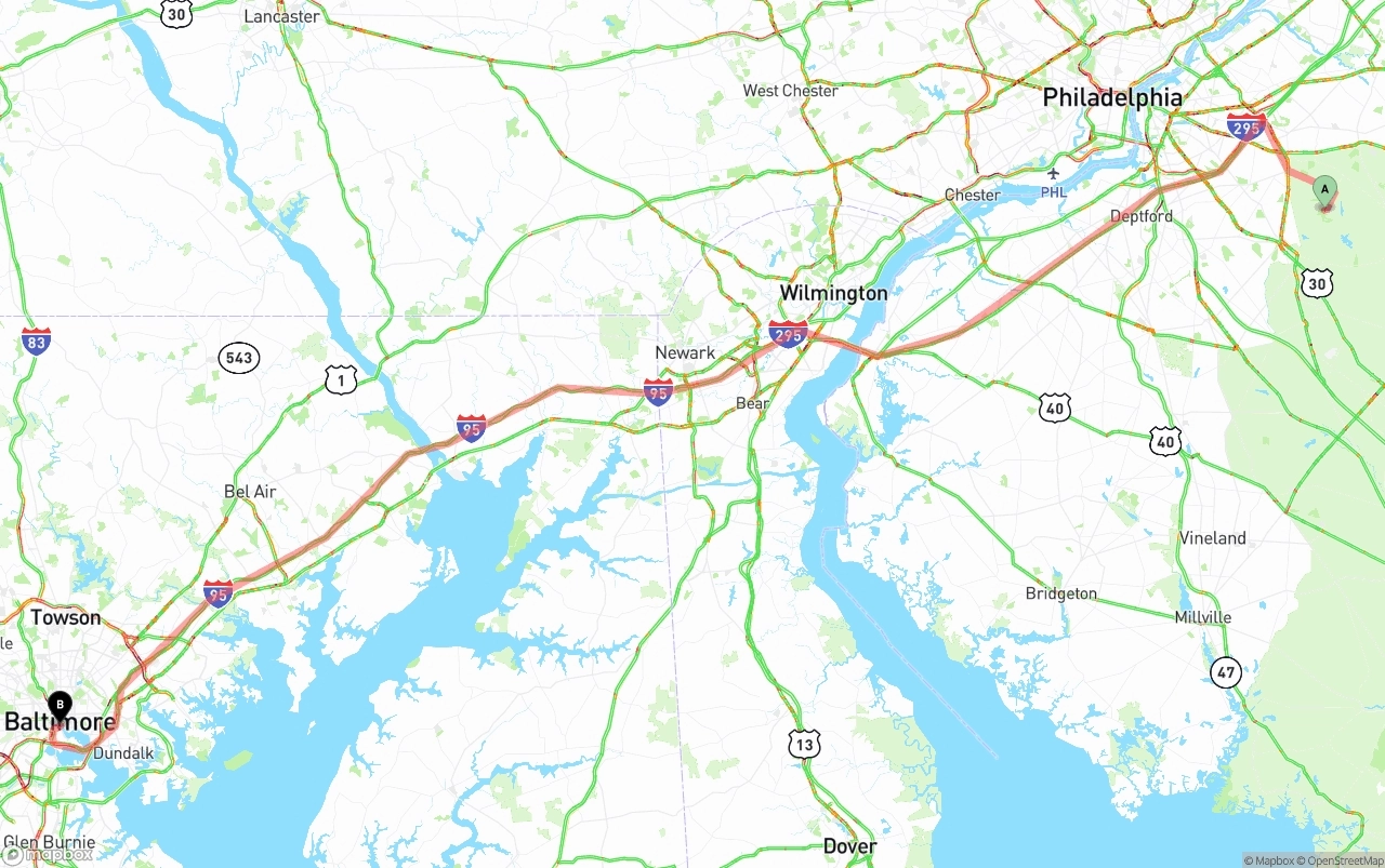 Shipping route from New Jersey to Port of Baltimore