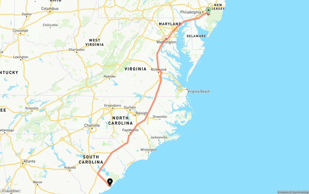 Shipping route from New Jersey to Port of Charleston