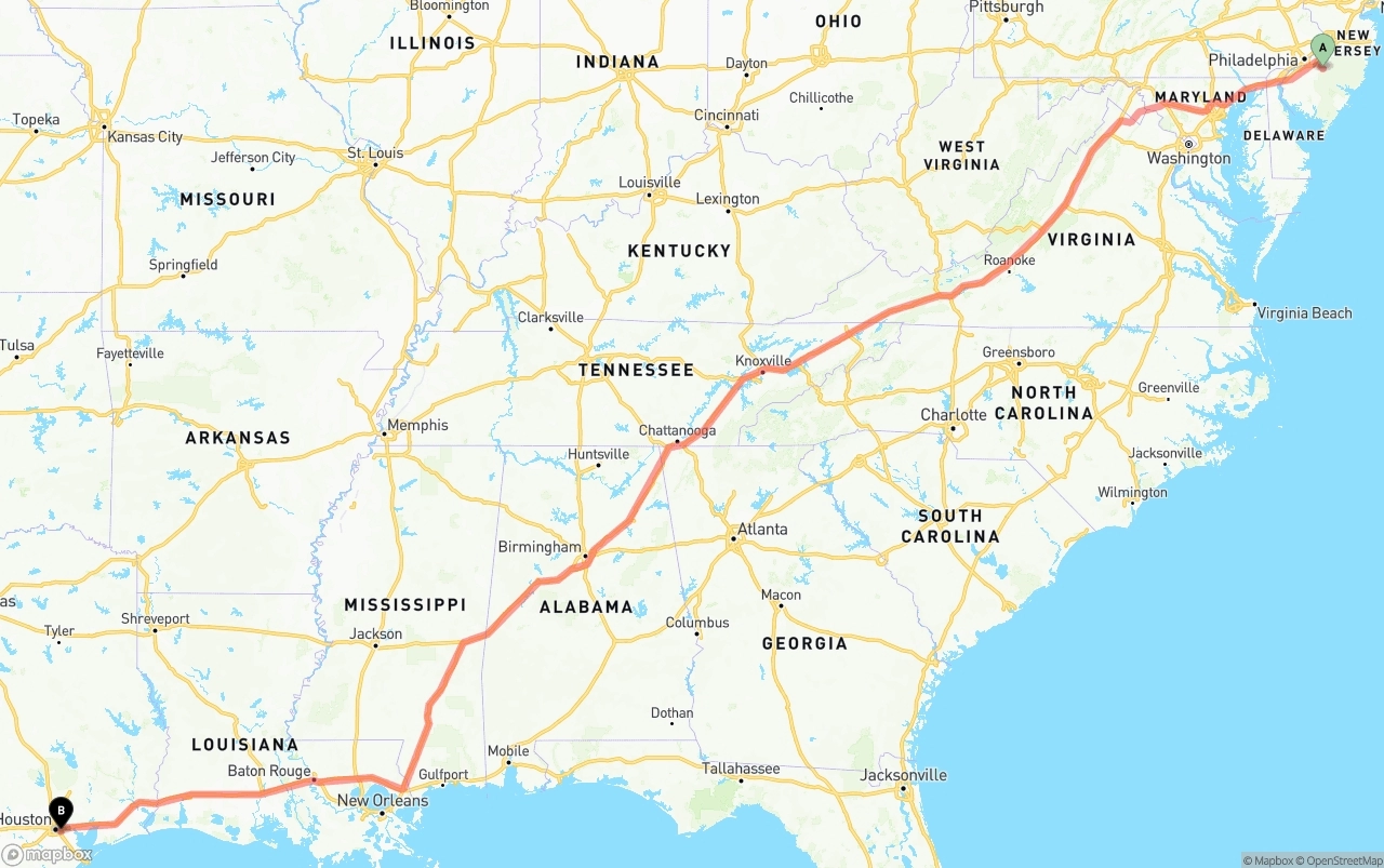 Shipping route from New Jersey to Port of Houston
