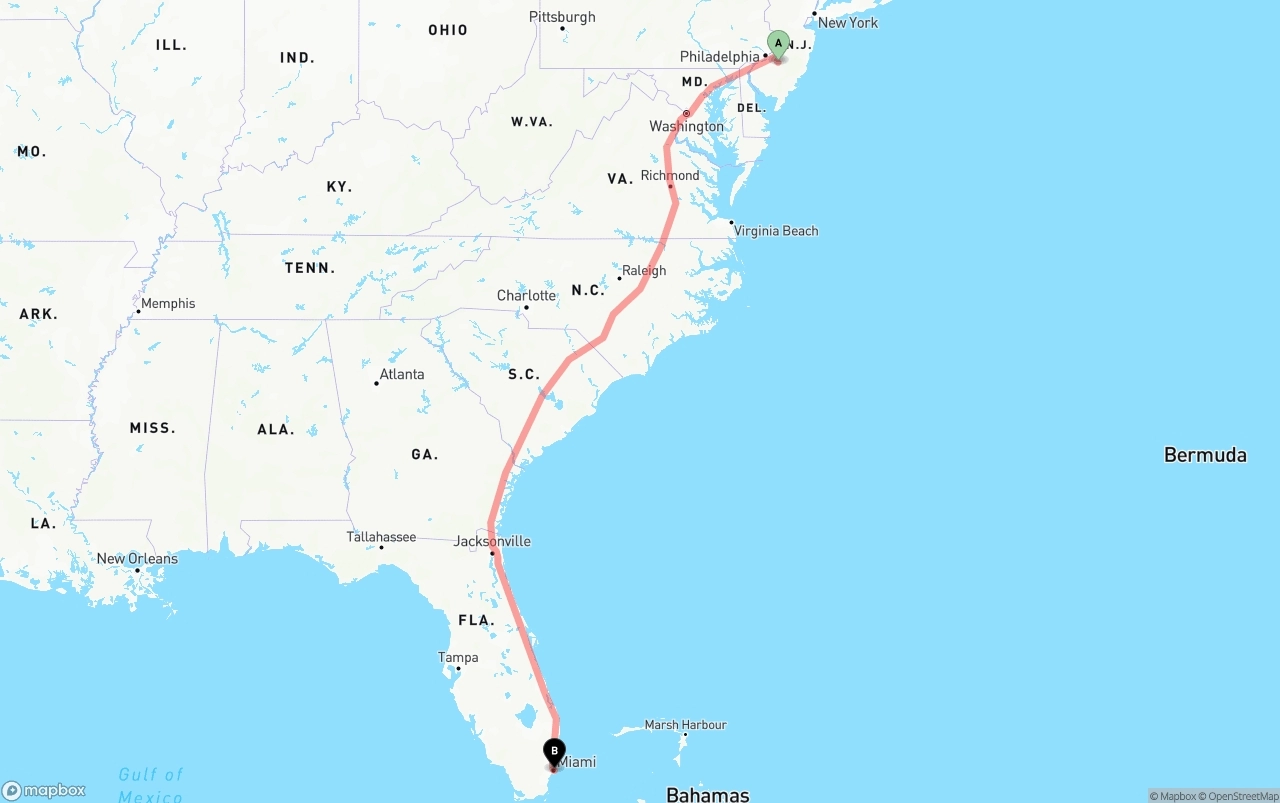 Shipping route from New Jersey to Port of Miami