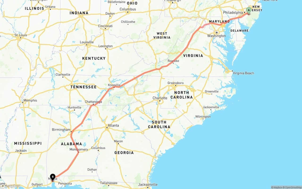 Shipping route from New Jersey to Port of Mobile