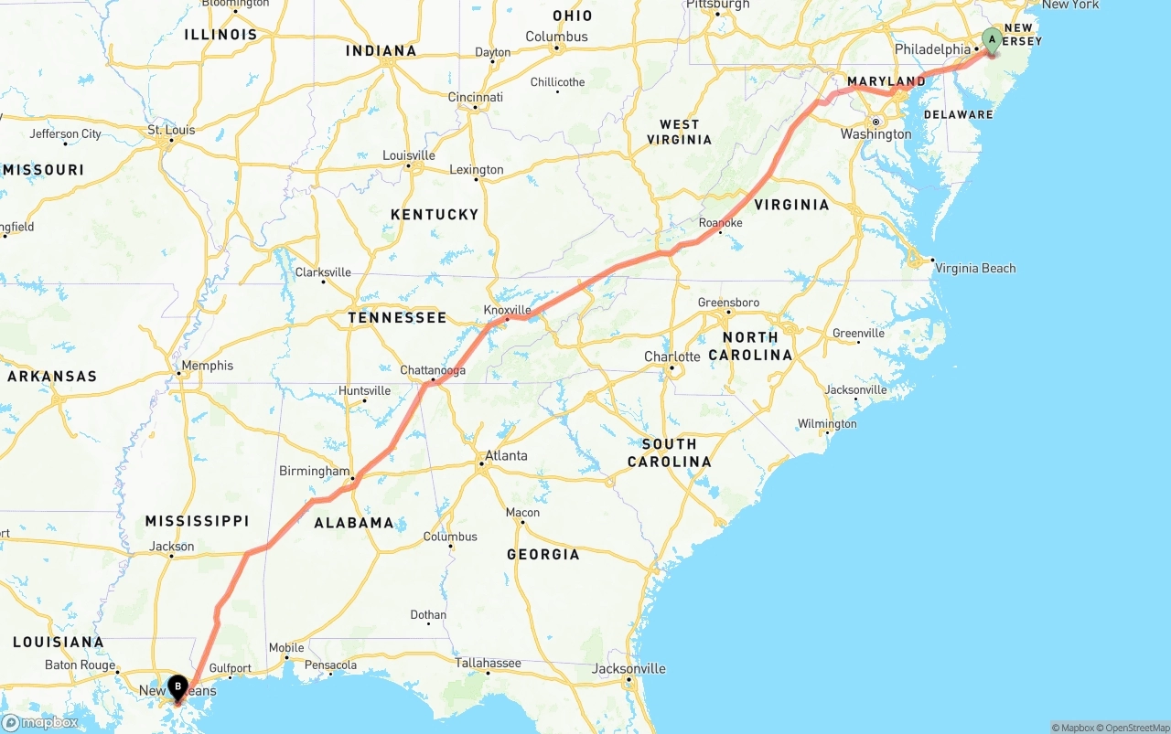 Shipping route from New Jersey to Port of New Orleans