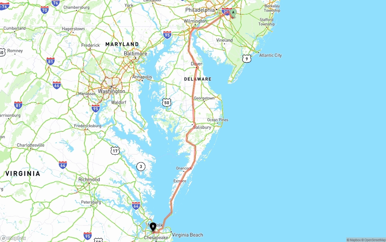Shipping route from New Jersey to Port of Norfolk