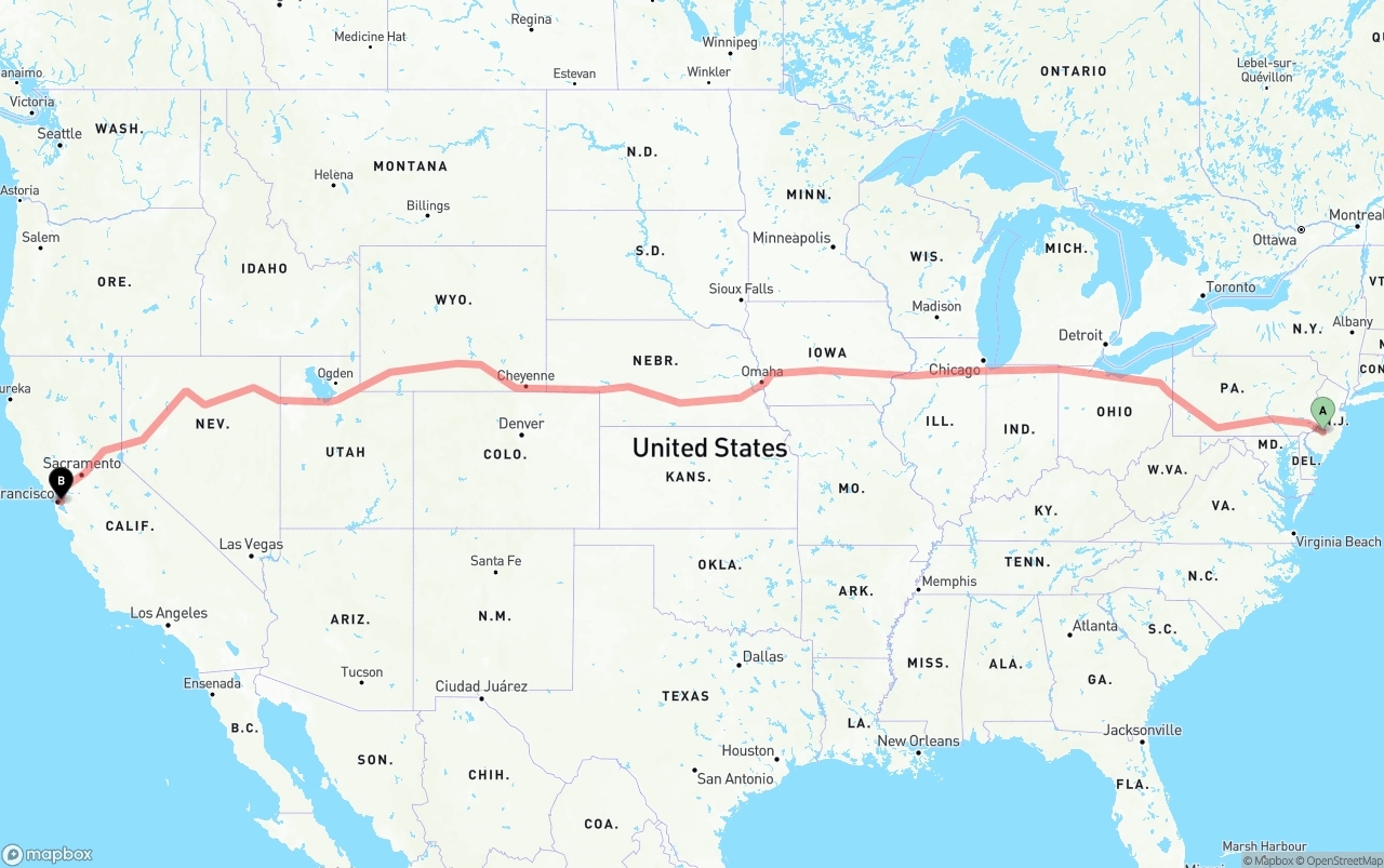 Shipping route from New Jersey to Port of Oakland