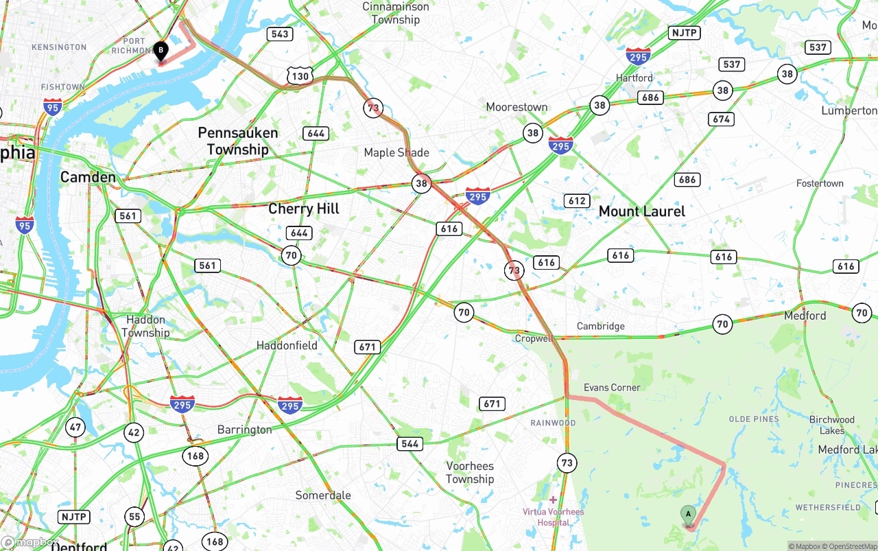 Shipping route from New Jersey to Port of Philadelphia