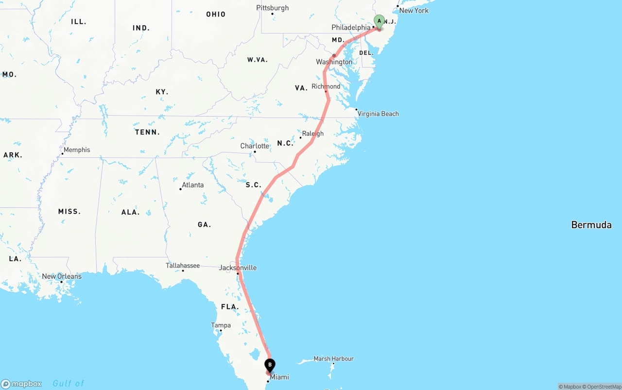 Shipping route from New Jersey to Port of Port Everglades