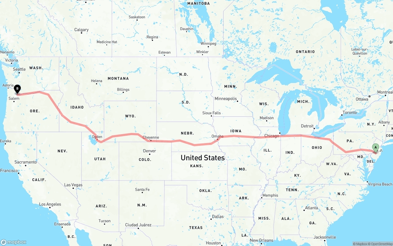 Shipping route from New Jersey to Port of Portland