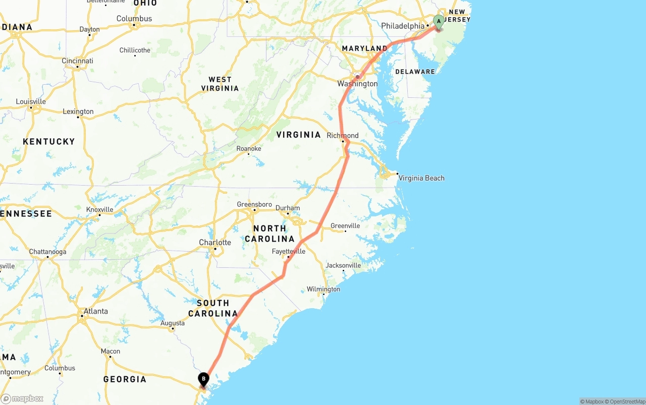 Shipping route from New Jersey to Port of Savannah