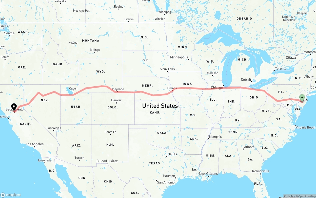 Shipping route from New Jersey to Sacramento International Airport