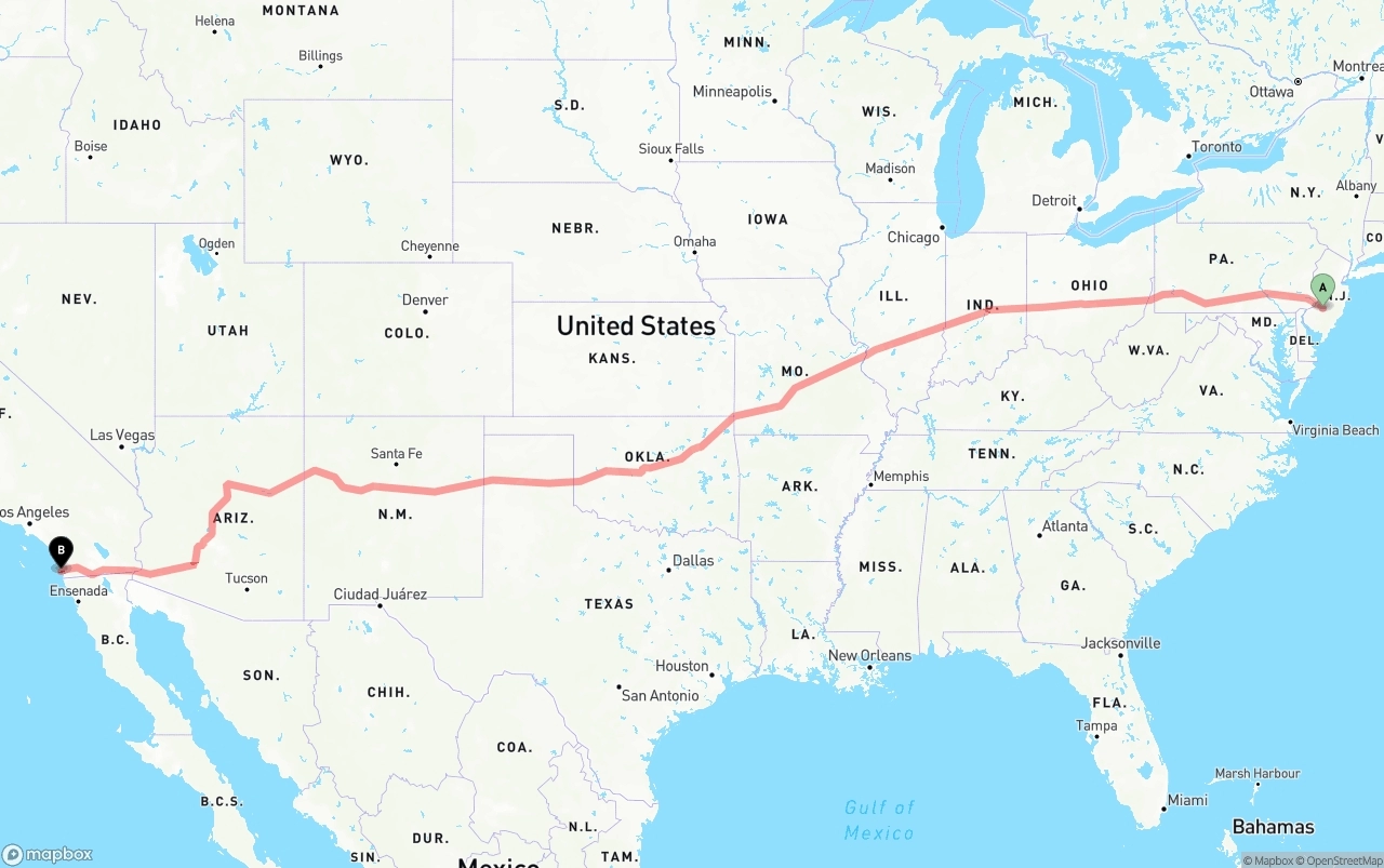 Shipping route from New Jersey to San Diego International Airport