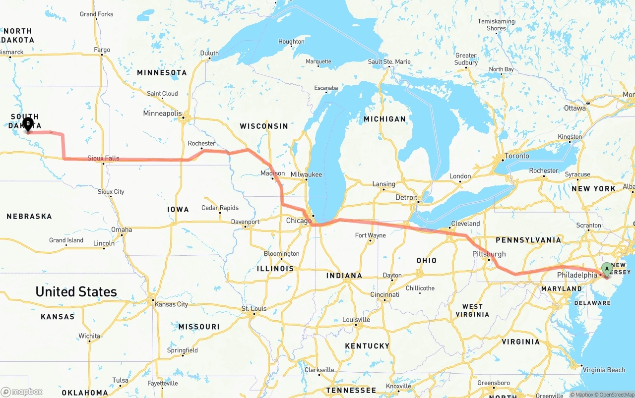 Shipping route from New Jersey to South Dakota