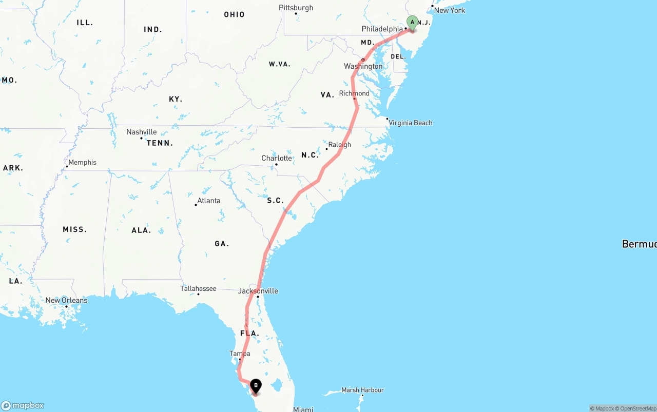 Shipping route from New Jersey to Southwest Florida International Airport