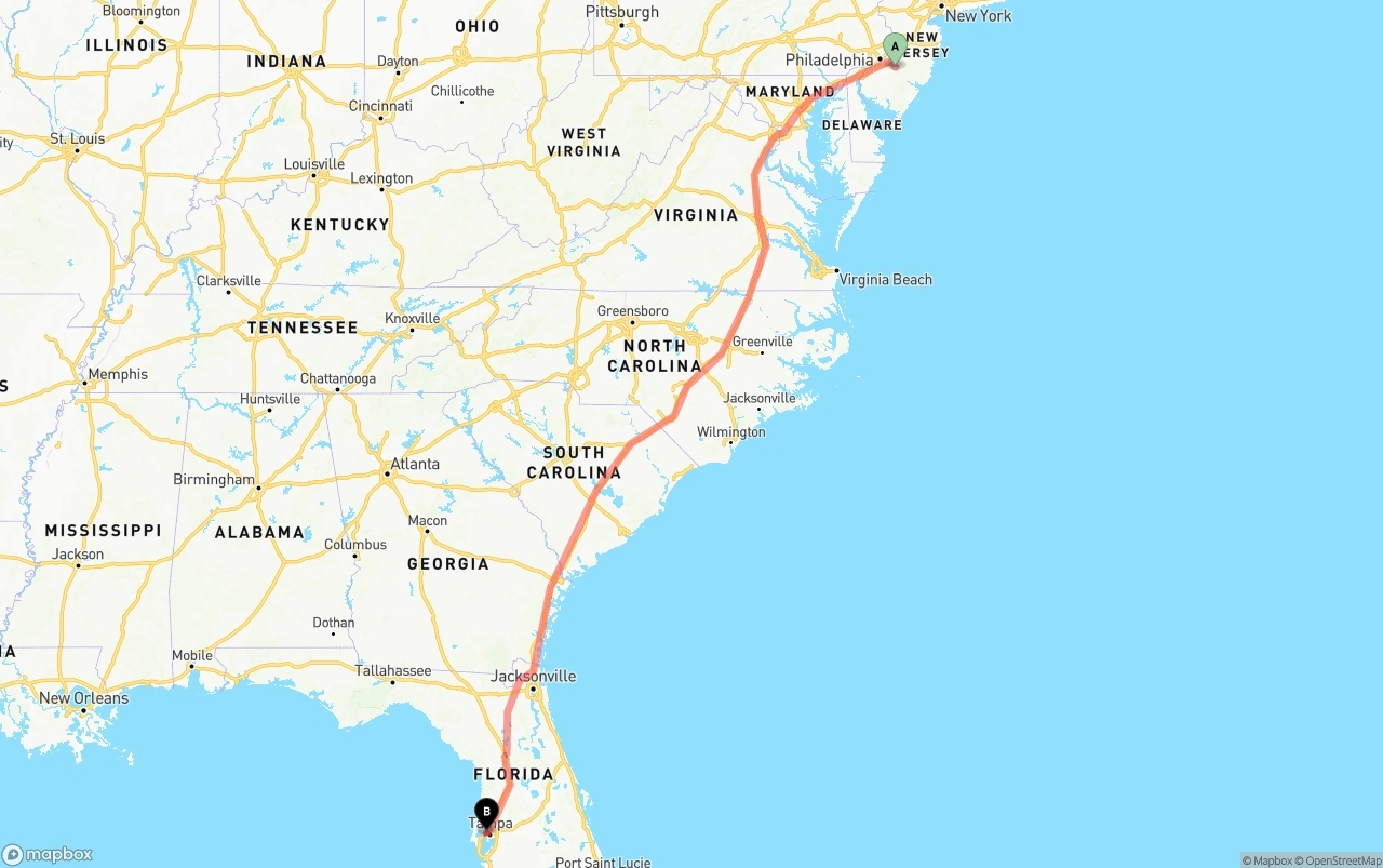 Shipping route from New Jersey to Tampa International Airport