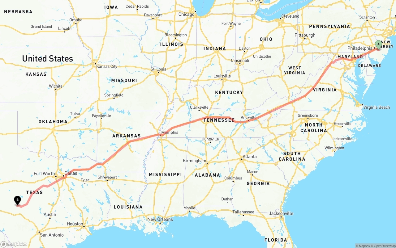 Shipping route from New Jersey to Texas