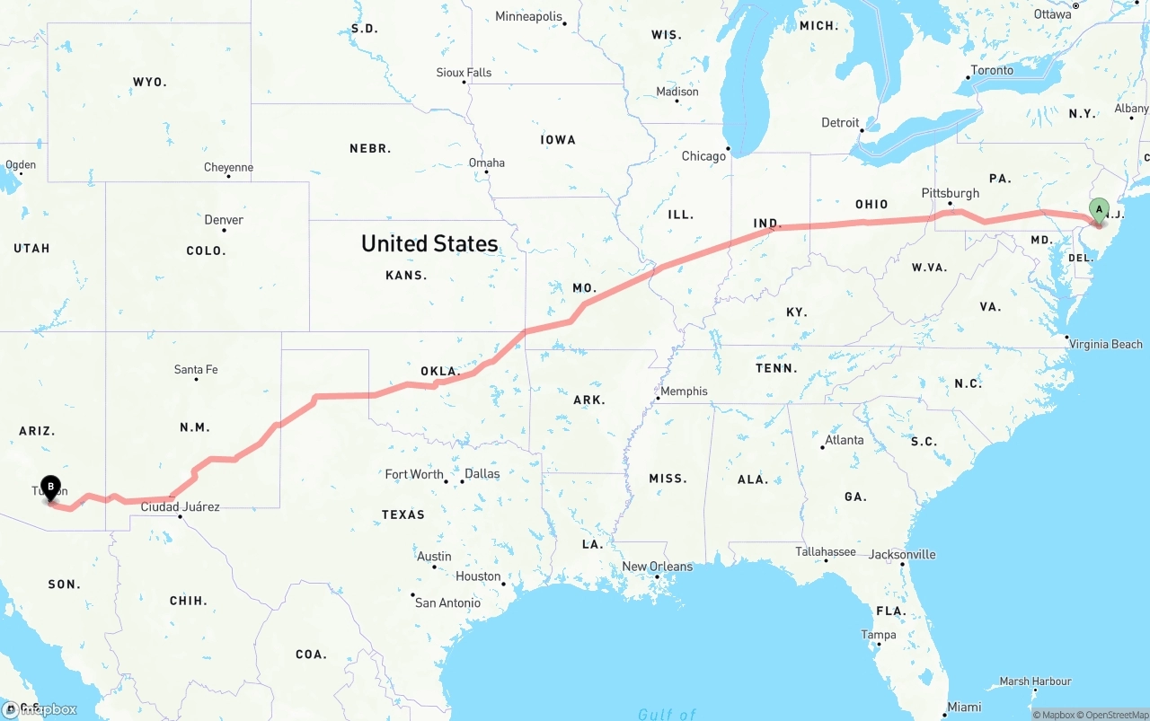 Shipping route from New Jersey to Tucson International Airport