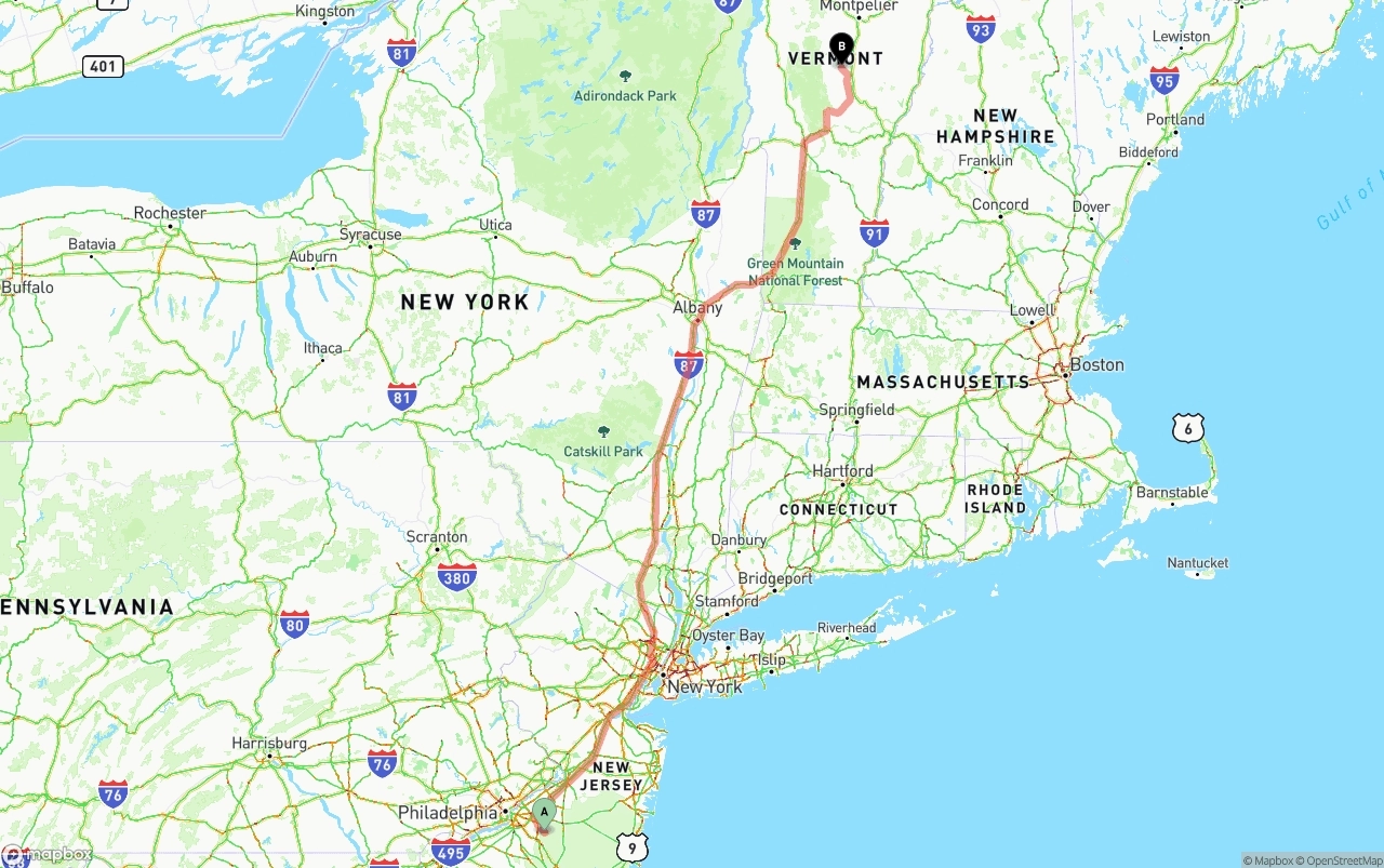 Shipping route from New Jersey to Vermont