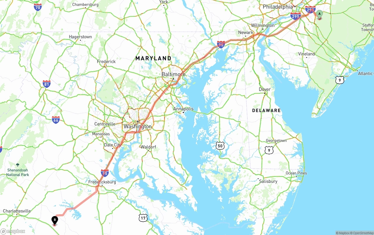Shipping route from New Jersey to Virginia