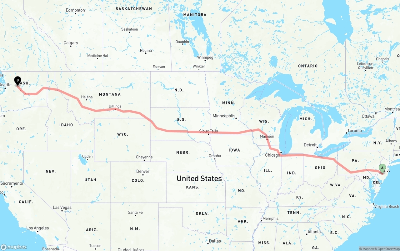 Shipping route from New Jersey to Washington