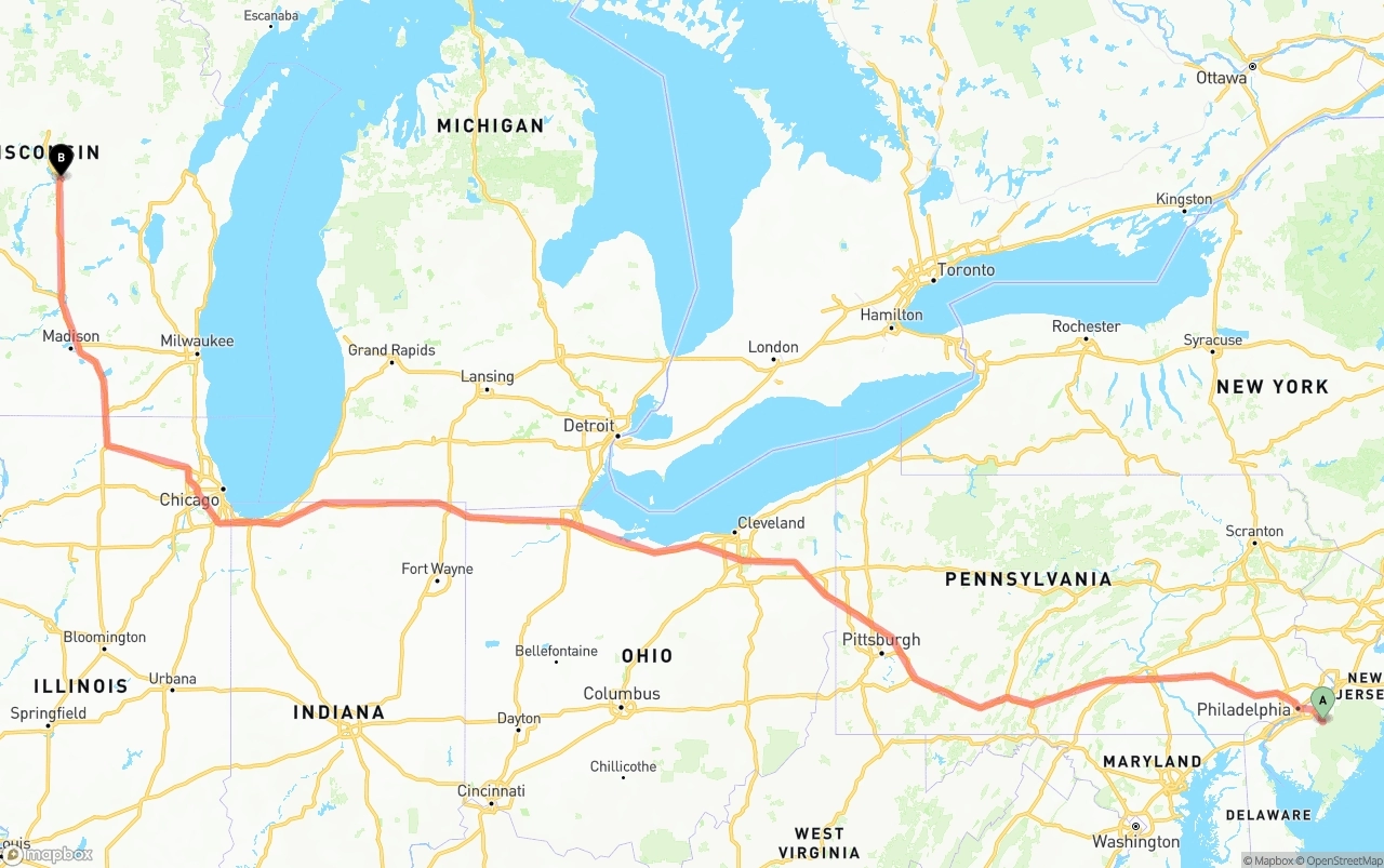 Shipping route from New Jersey to Wisconsin