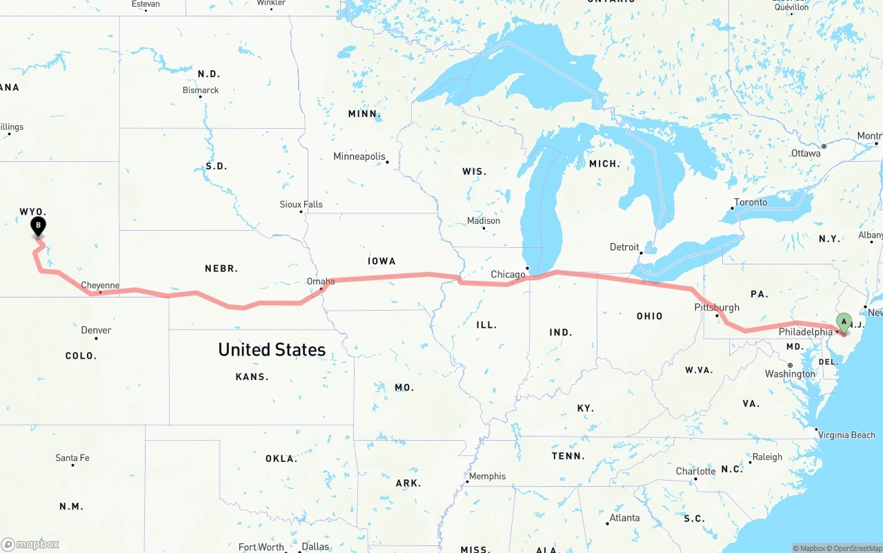 Shipping route from New Jersey to Wyoming