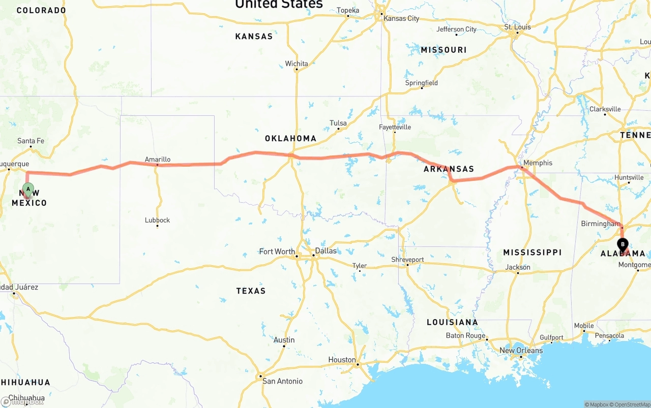 Shipping route from New Mexico to Alabama