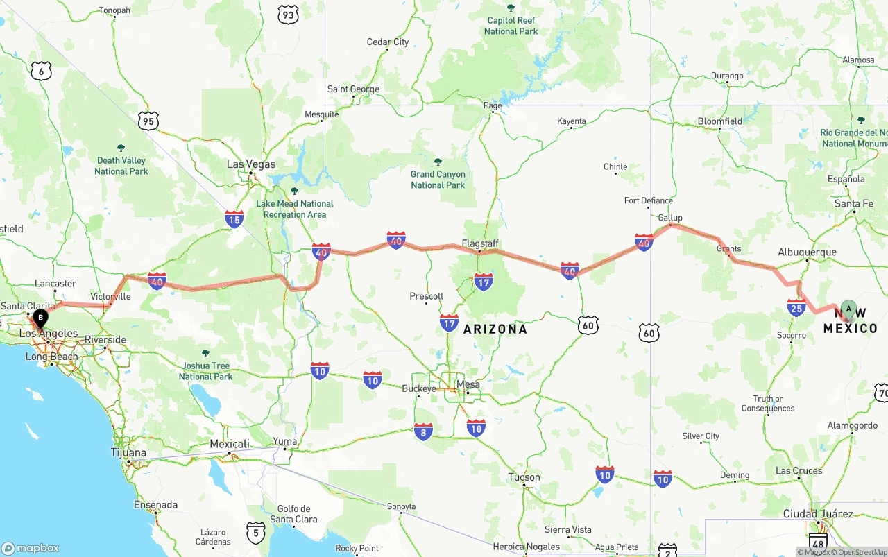 Shipping route from New Mexico to Bob Hope Airport