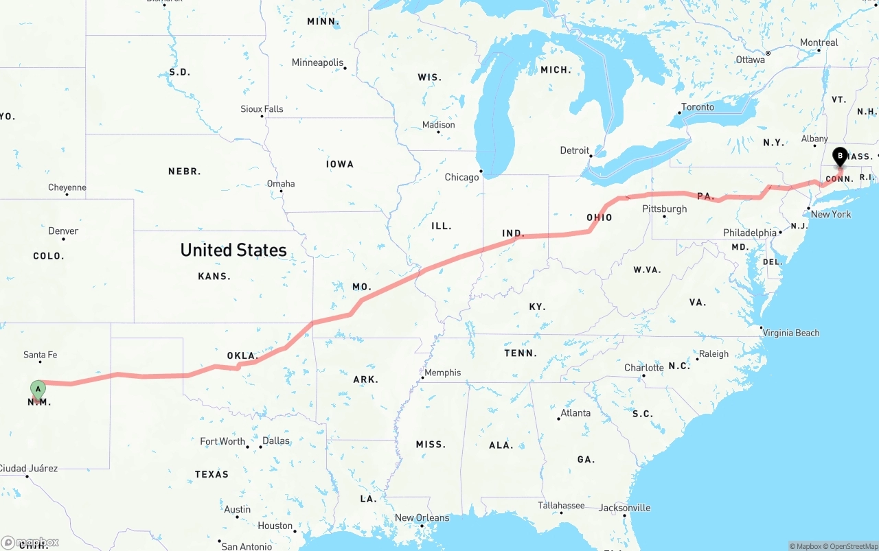 Shipping route from New Mexico to Bradley International Airport